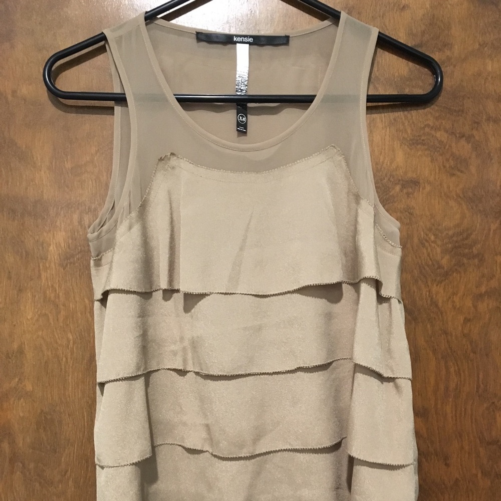 Gold ruffled tank with sheer neck and collar